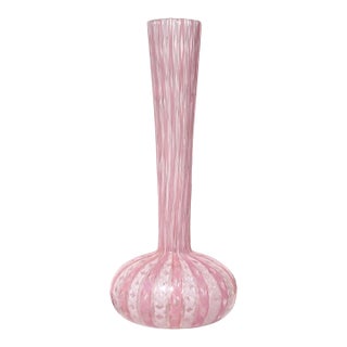 Vintage Murano Fratelli Toso Pink White Swirl Ribbons Italian Art Glass Soliflore Long Neck Flower Vase For Sale