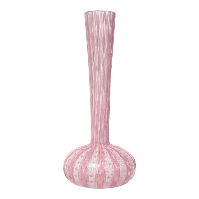 Vintage Murano Fratelli Toso Pink White Swirl Ribbons Italian Art Glass Soliflore Long Neck Flower Vase For Sale