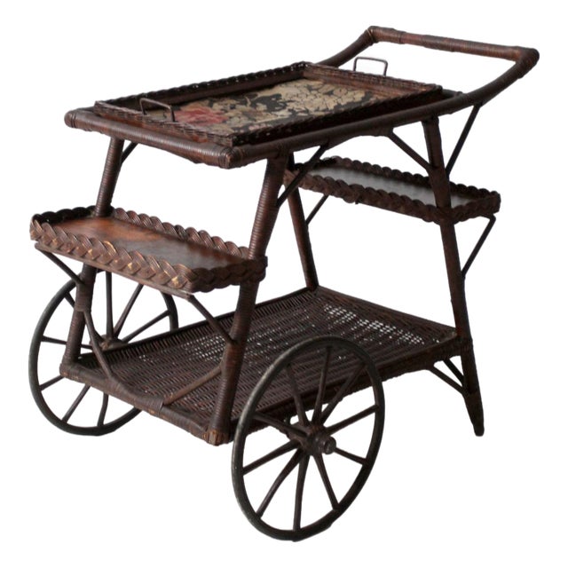 Early 1900s American Wicker Serving Cart For Sale