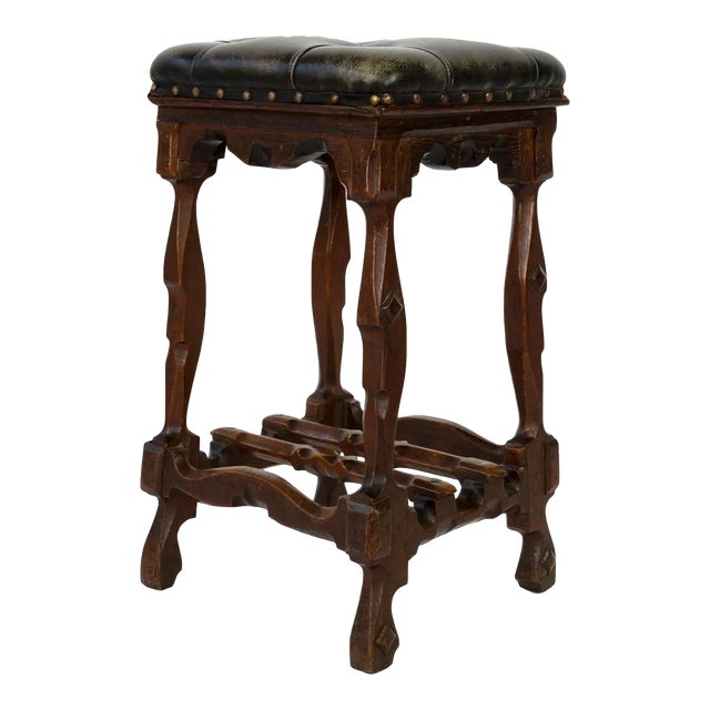 Late 19th Century English Arts & Crafts Tufted Dark Leather Square Stool For Sale