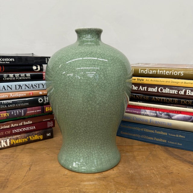 Dark Green Crackle Ceramic Vase with Round Body For Sale - Image 4 of 8