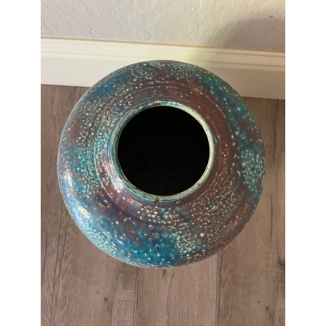 American Raku Studio Pottery Vase Copper Blue Luster Glaze Signed For Sale - Image 3 of 7