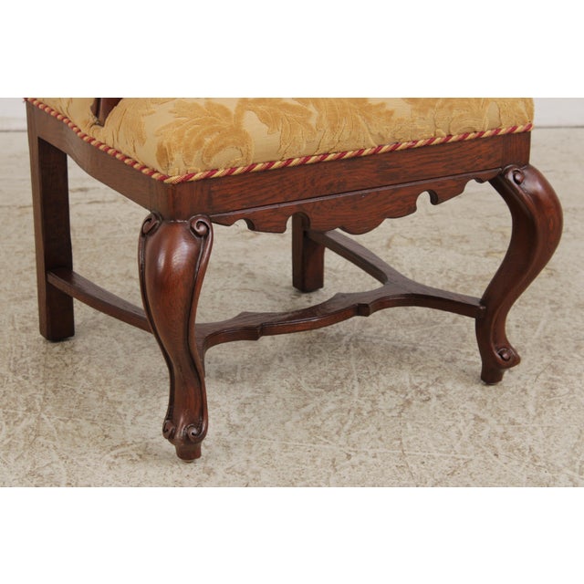 Pair French Oak Carved Wing Back Damask Chairs For Sale - Image 12 of 18
