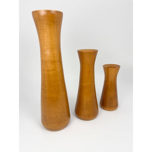 Mid-Century Modern Vintage MCM Set of 3 Turned Wood Tapered Candle Holders For Sale - Image 3 of 8