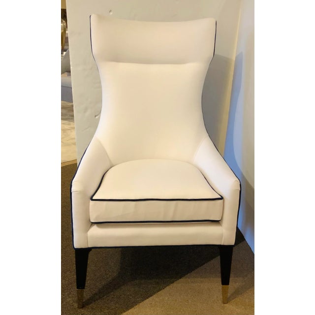 Modern Caracole Couture Modern Navy Blue Velvet and White Linen Chairs - a Pair For Sale - Image 3 of 9