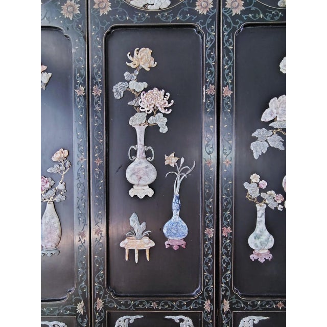 1900s Chinese Six-Panel Carved Hardstone Lacquered Coromandel Screen For Sale - Image 12 of 18