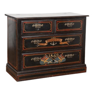 20th Century Nautical Black Painted Chest of Drawers With Masted Boat For Sale