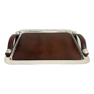 Argentine Silver Plate & Leather Tray, Plata Lappas-Style, Late 20th C For Sale