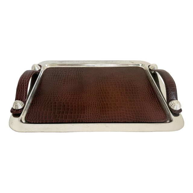 Argentine Silver Plate & Leather Tray, Plata Lappas-Style, Late 20th C For Sale