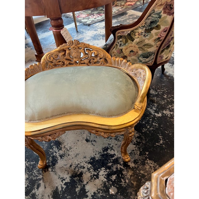 Wood 1970s Regal Gold Wooden Bench With Velvet Seating For Sale - Image 7 of 12