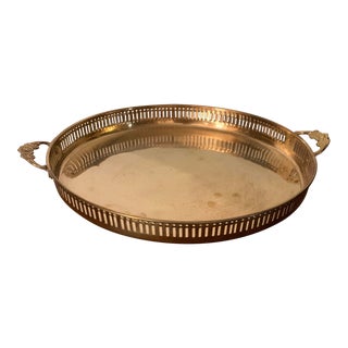 Vintage Brass Round Tray With Floral Handles & Gallery Edge For Sale