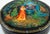 Round Russian lacquer trinket box beautifully hand painted with a scene from the fairy tale "The Princess and Seven...