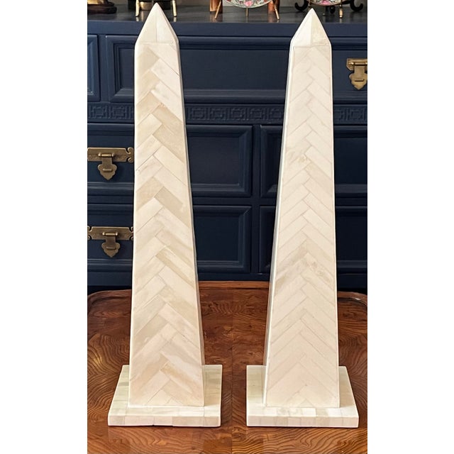 This is an exquisite pair of herringbone pattern obelisks made from tessellated bone. Beautiful neutral colors include...