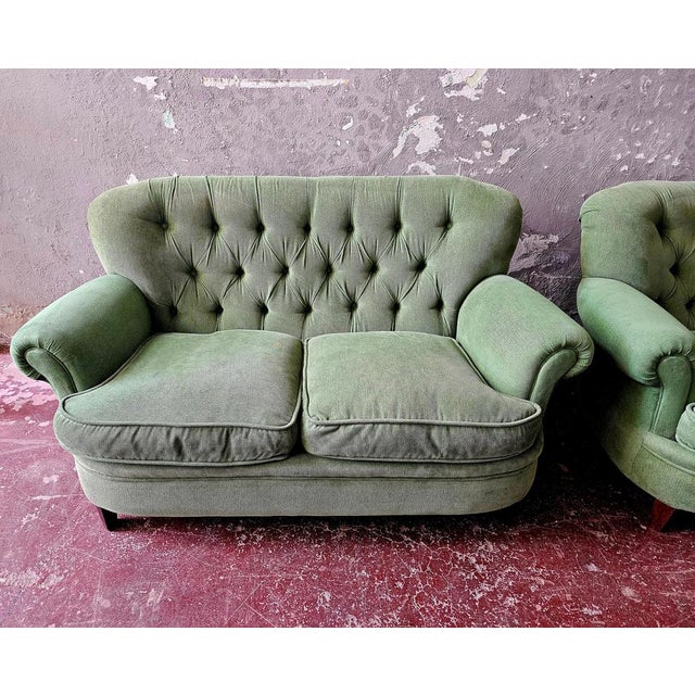 Vintage Chesterfield Style Sofas in Green Fabric, Set of 2 For Sale - Image 10 of 15