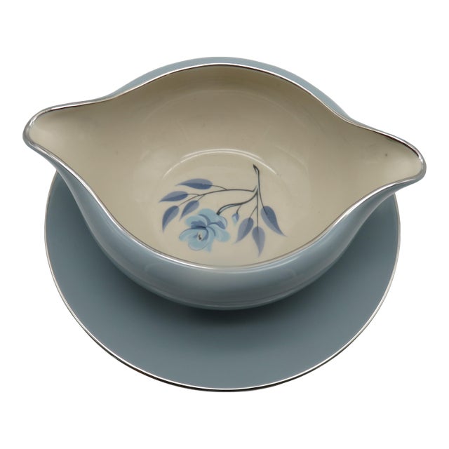Vintage Flintridge China California Blue W Platinum Borders Gravy Boat Flowers For Sale