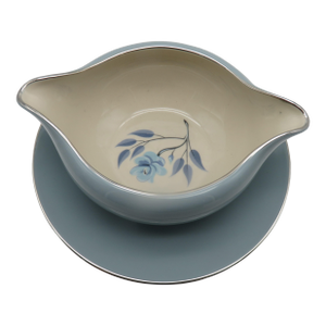 Vintage Flintridge China California Blue W Platinum Borders Gravy Boat Flowers