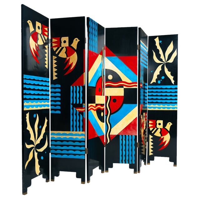 Art Paravent Room Divider with Birds and Geometric Patterns, 1970s For Sale