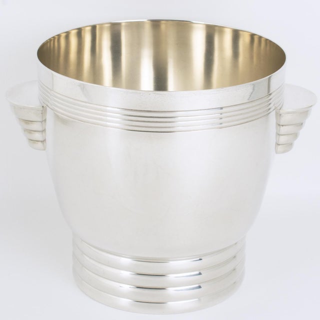 Rare French Art Deco Silver Plate Champagne Bucket by Desvignes, Paris, circa 1940s A striking example of mid-century...