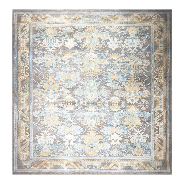 21st Century Turkish Donegal Hemp & Wool 12x12 Taupe and Blue Square Handmade Area Rug #1140522 For Sale
