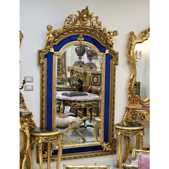Baroque Grand French Baroque Wall Mirror With Royal Blue Velvet Panels, Cherub Crest & Gilded Frame For Sale - Image 3 of 3