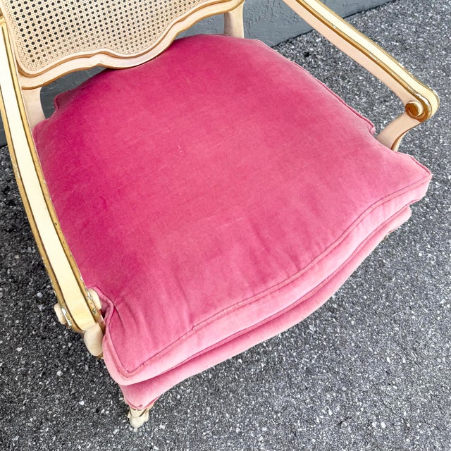 Pink Vintage French Provincial Pink Velvet and Cain Back Chairs - A Pair For Sale - Image 8 of 11