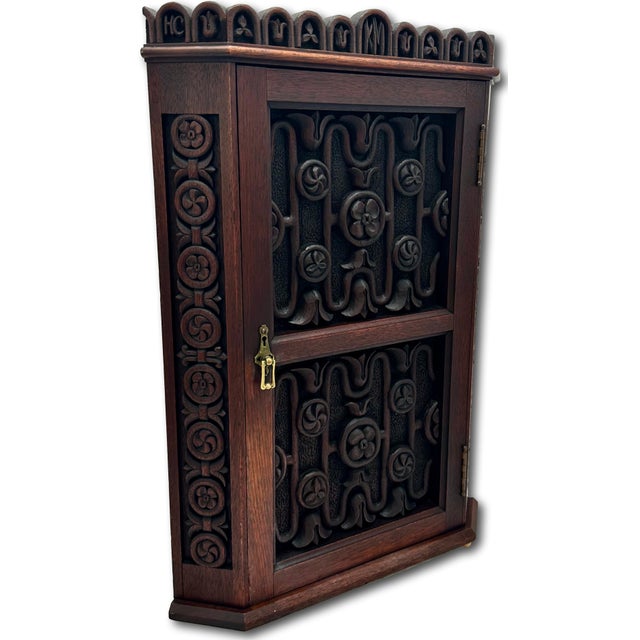 Victorian Outstanding Antique Beautifully Hand Carved Solid Mahogany Wall Hanging Corner Cabinet - Signed & Dated 1900 For Sale - Image 3 of 18