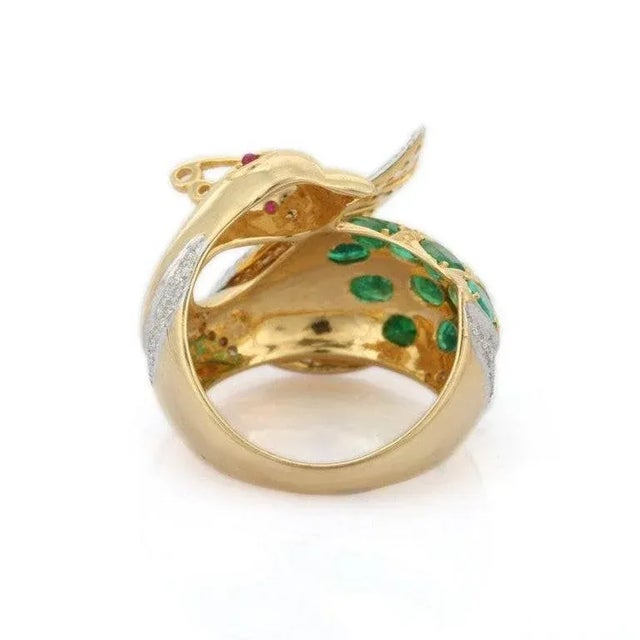 Emerald, Ruby and Diamond Peacock Cocktail Ring in 14kt Solid Yellow Gold Size 7 For Sale - Image 10 of 12