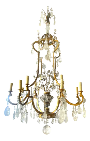 Large Early 20th Century Italian Rock Crystal and Gilt Metal Chandelier