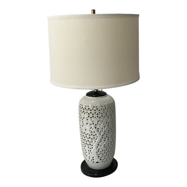 Early 20th Century Reticulated White Ginger Jar Lamp Wood Base and Cap