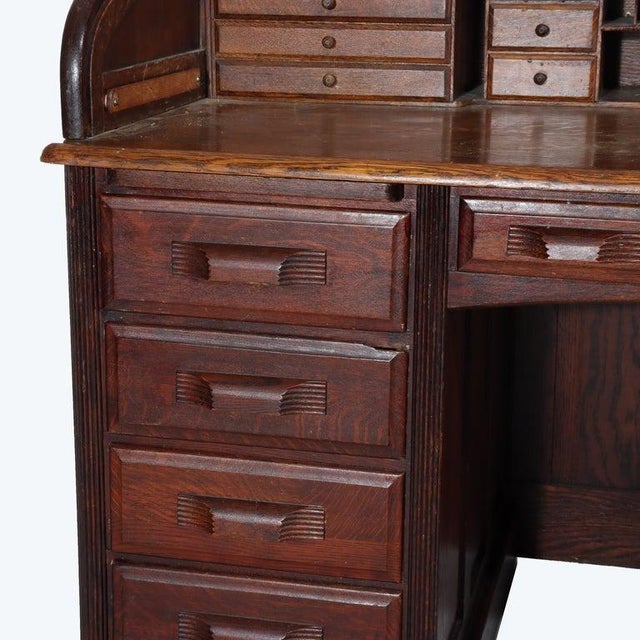 Arts & Crafts Quarter Sawn Oak Paneled Roll Top Desk With Full Interior C1910 For Sale - Image 6 of 16