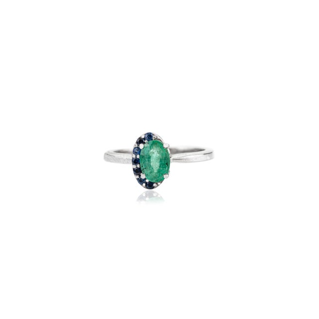 Minimalism 925 Silver 7x5mm Oval May Birthstone Tiny Ring With Half Surrounded Blue Sapphires by Carat&her - Size 6 For Sale - Image 3 of 11