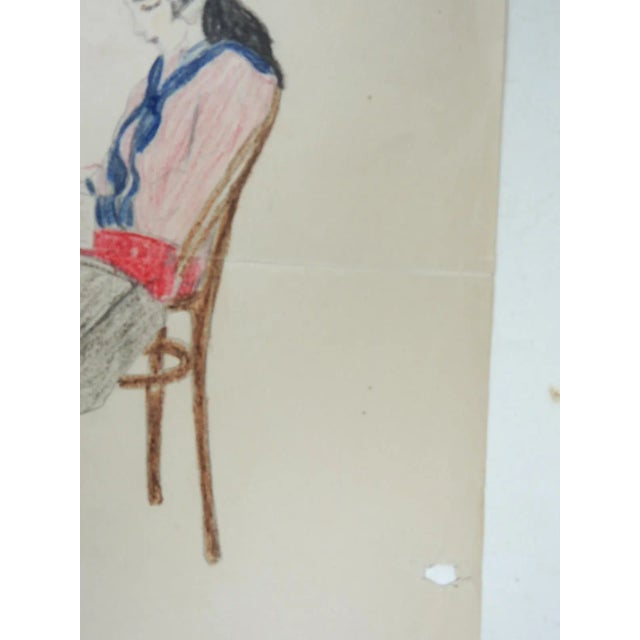 Vintage circa 1920's color pencil or crayon drawing of school girl reading a book. Unsigned, unframed, edge losses, binder...