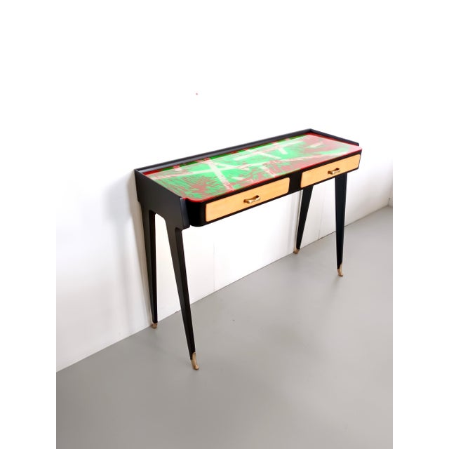 Black Beech Console Table with Red and Green Back-Painted Glass Top, Italy, 1950s For Sale - Image 6 of 15