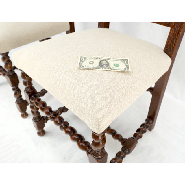 6 Fine Carved Oak Lion Heads Twisted Legs New Upholstery Jacobean Dining Chairs For Sale - Image 4 of 14