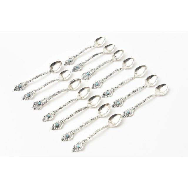 1970s Vintage Sterling Silver and Turquoise Demitasse and Serving Spoons Set of 14, Brazil For Sale - Image 5 of 10