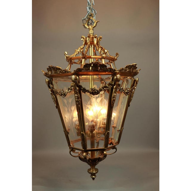 1970 Handcrafted Louis XVI Gold Bronze Glass Chandelier Lantern For Sale - Image 14 of 18