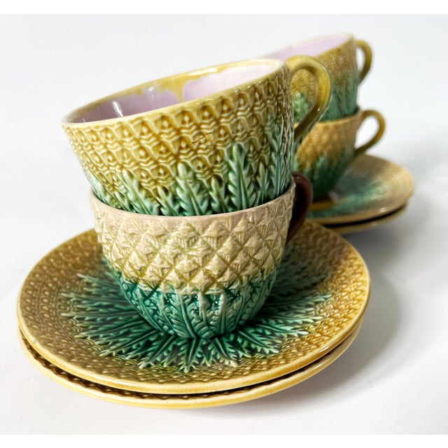 19th Century Set of 4 Antique 19th C Majolica Pineapple Pattern Tea Cups and Saucers C1880s. For Sale - Image 5 of 9