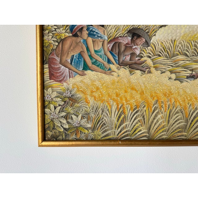 Brown Vintage Kasta Asian Traditional Balinese Rice Farmers in Ubud Acrylic Painting For Sale - Image 8 of 12