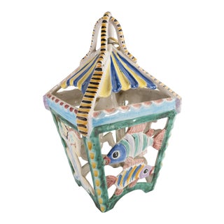 Mid 20th Century Italian Faience Majolica Pottery Hanging Pendant Light For Sale