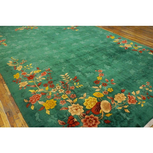 Green Surprising Green Background Color With Lovely Roses in a Floral Design Antique Chinese Art Deco Rug For Sale - Image 8 of 8
