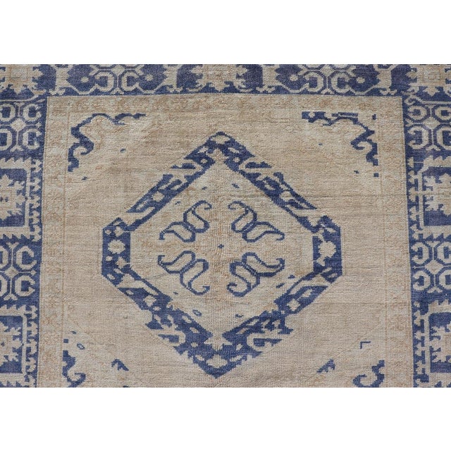 Textile Turkish Oushak Gallery Rug in Blue and Cream With Geometric Design 4'6 X 12'6 For Sale - Image 7 of 12
