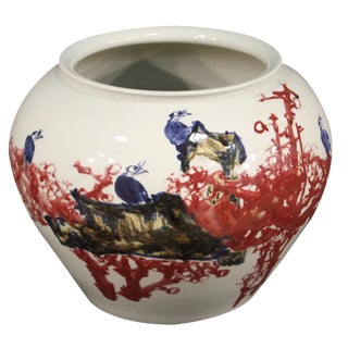 Chinese Vase in Painted Ceramic with Flowers and Animals, 2000s For Sale