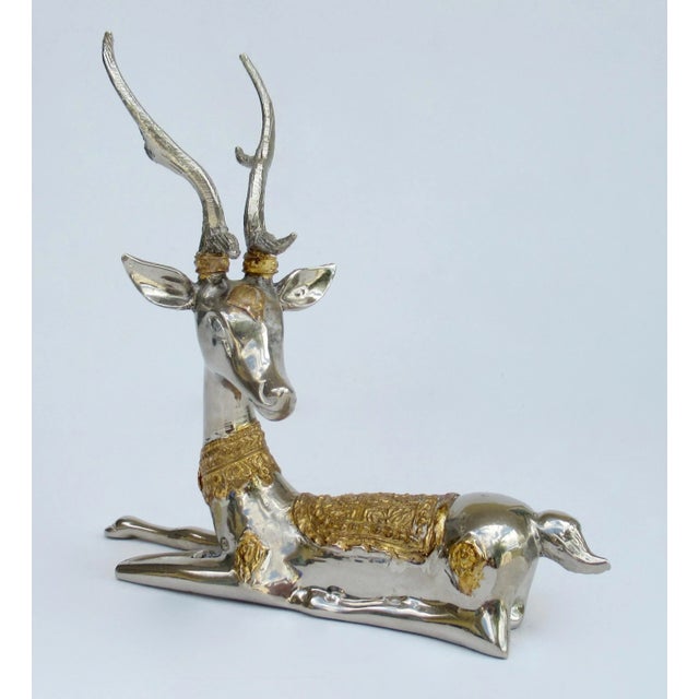 Asian Style Vintage C.1970's Asian (Thailand) Nickel Plate and Gilt Gold Embellished Antler Reindeer For Sale - Image 4 of 12