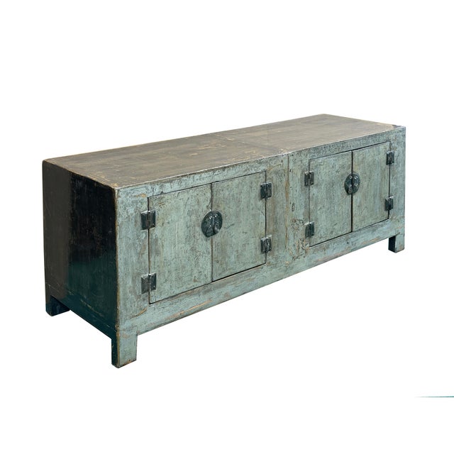 Rustic Distressed Light Teal Gray Low Doors Hardware Console Sideboard Cabinet For Sale - Image 3 of 12