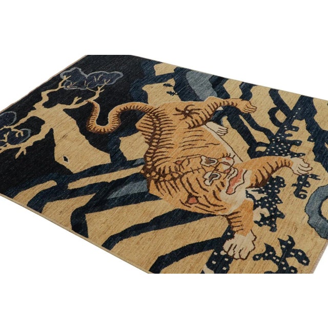 Modern Rug & Kilim’s Modern Peking “Tiger” Pictorial Rug in Navy Blue and Gold For Sale - Image 3 of 7