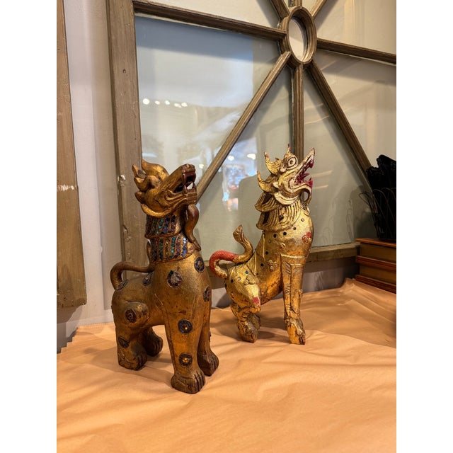 Mid-20th Century Gilt Wooden Fu Dog Sculptures For Sale In Boston - Image 6 of 7