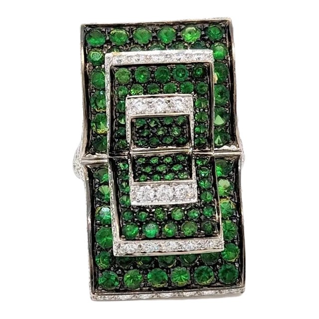 Tsavorite Round and White Diamond Design Ring in 18K White Gold, size 6.5 For Sale