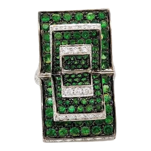 Tsavorite Round and White Diamond Design Ring in 18K White Gold, size 6.5
