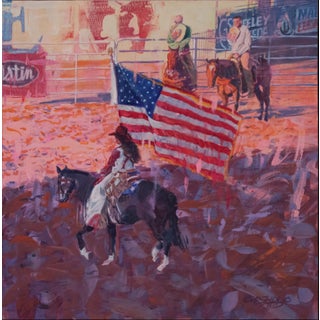 Anthem by Jeff Slemons | Gouache On Illustration Board Girl on horseback with American flag at rodeo. For Sale