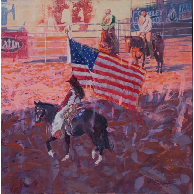 Anthem by Jeff Slemons | Gouache On Illustration Board Girl on horseback with American flag at rodeo. For Sale